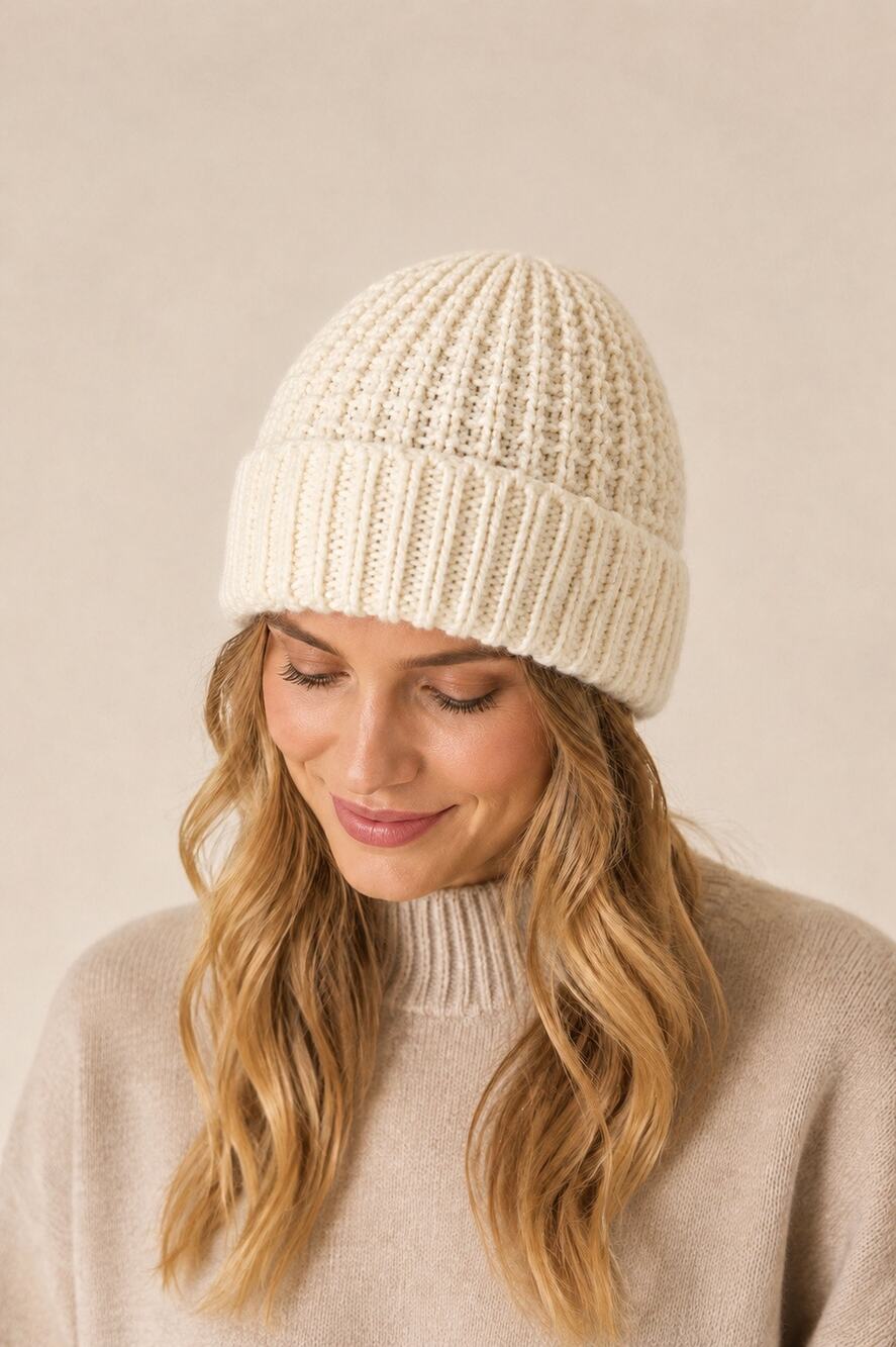 Joie Ivory Chunky Knit Wool Blend Pom Pom Beanie Winter Hat